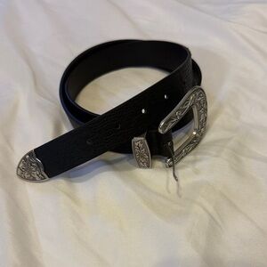 Divided Black Leather Western Belt with Floral Silver Buckle